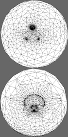 Spherical parameterization of the Triceratops model; top: Tutte
weights; bottom: discrete harmonic.