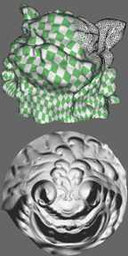 The parameter domain and a
            texture map of a variationally-optimal parameterization,
            which balances length, area and angle distortion
