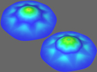 Curvature plot around an extraordinary vertex with valence 8 with the original Loop scheme (top) and a bounded curvature modification (bottom).