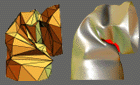 Control mesh of a bent can, and self-interference
regions on the limit surface resolved with increasing precision.