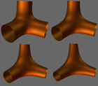 Repeated averaging subdivision of orders 3, 5, 7 and 9 applied to a pipe shape (top left to bottom right).