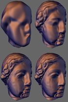 Partial reconstructions of the progressive bitstream of the Venus head model at 476B (bytes), 1528B, 4163B, and 26800B.